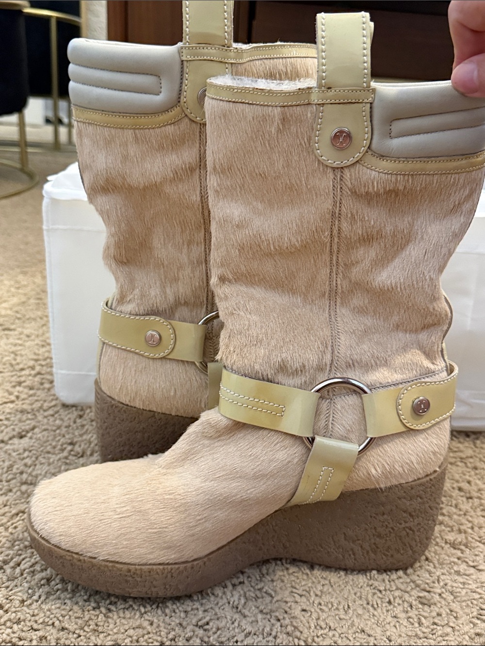 Vintage Cole Haan Calf Hair Harness Wedge Boots Shearling Lined 8.5B D18005
